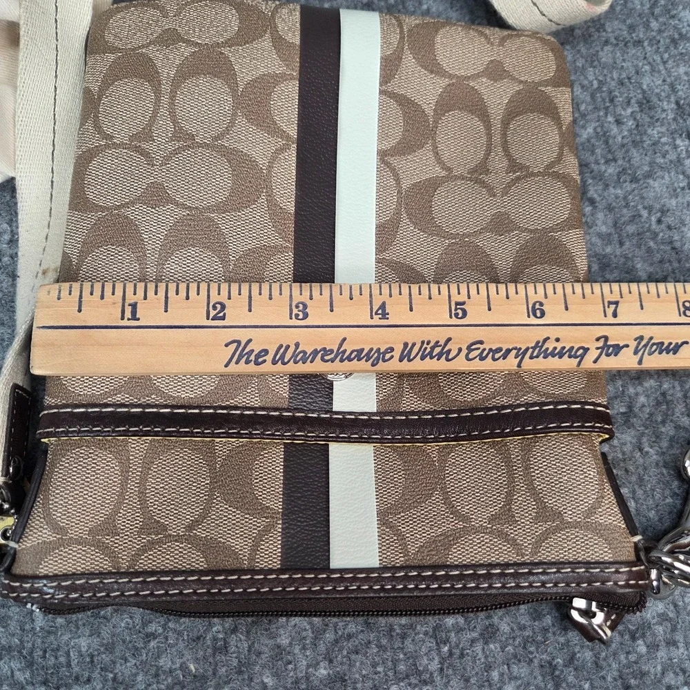 Coach Heritage Stripe Crossbody Signature Khaki Cream Brown Patent Leather Trim